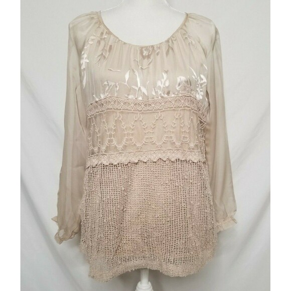 Tempo Paris Womens M Tunic Top Sheer Crochet Shirt Floral Embroidered Tan - Picture 1 of 8